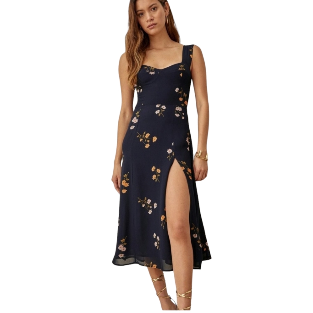 Reformation Fulton Dress Midi Princess Margaret 0 Blue Boho Side Slit